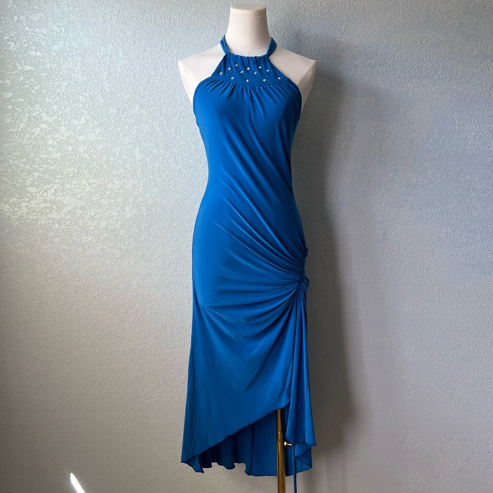 Vintage Y2K Blue Halter Bodycon Dress Made In USA Stretch Retro 90s M